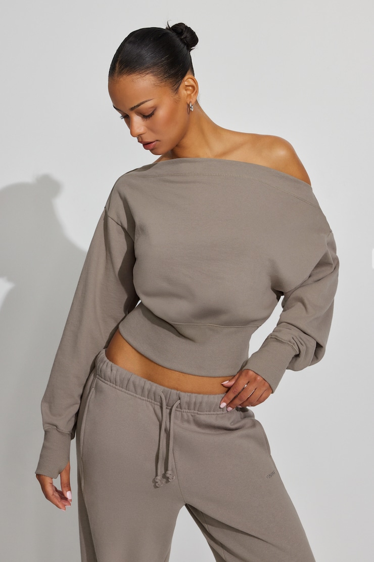 SoftTerry Rib Off Shoulder Sweater Beige